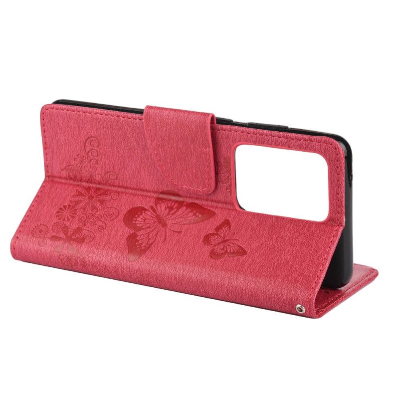 Leren Hoesje Samsung Galaxy S20 Ultra Grijs Zwart Alleen Vlinders Met String
