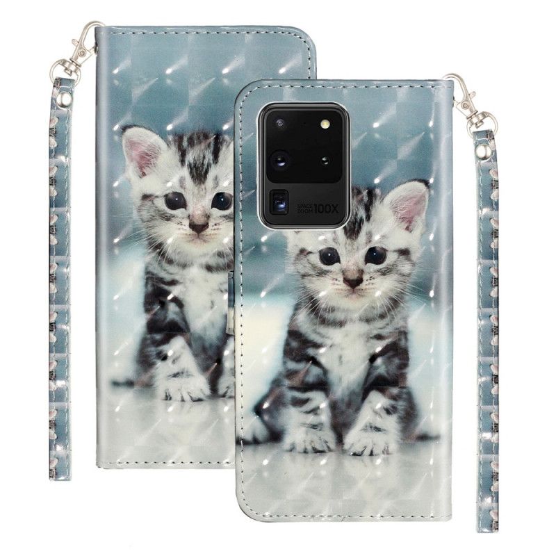 Leren Hoesje Samsung Galaxy S20 Ultra Kitten Light Spots Met Riempje
