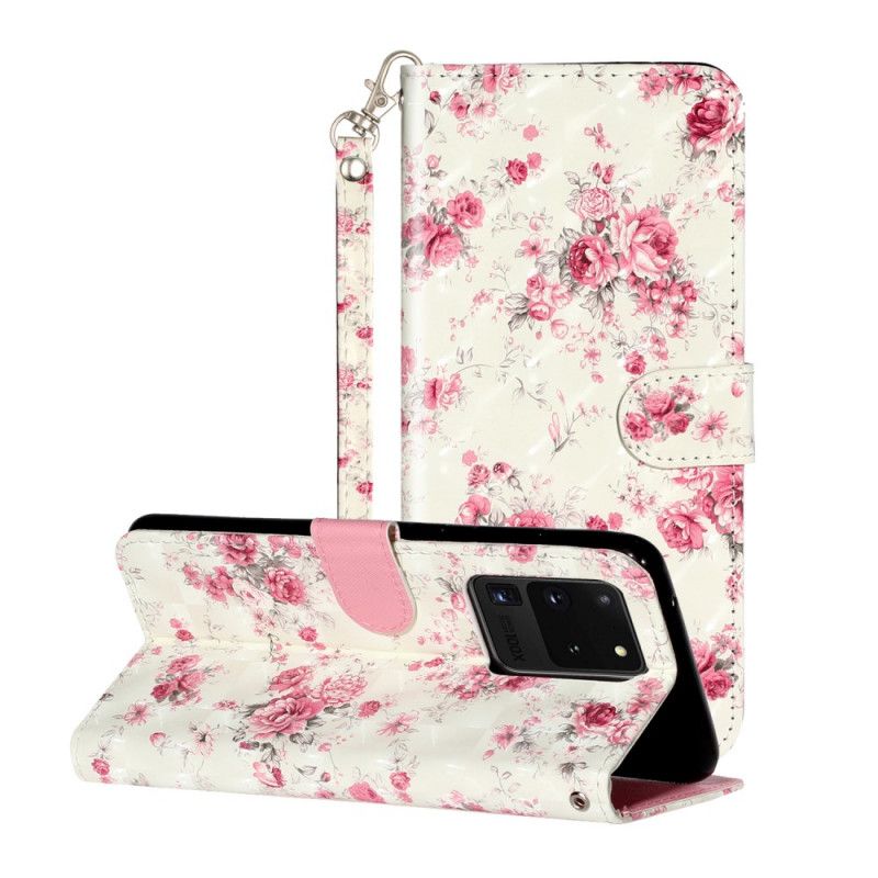 Leren Hoesje Samsung Galaxy S20 Ultra Telefoonhoesje Bloemen Lichtvlekjes Met Riempje