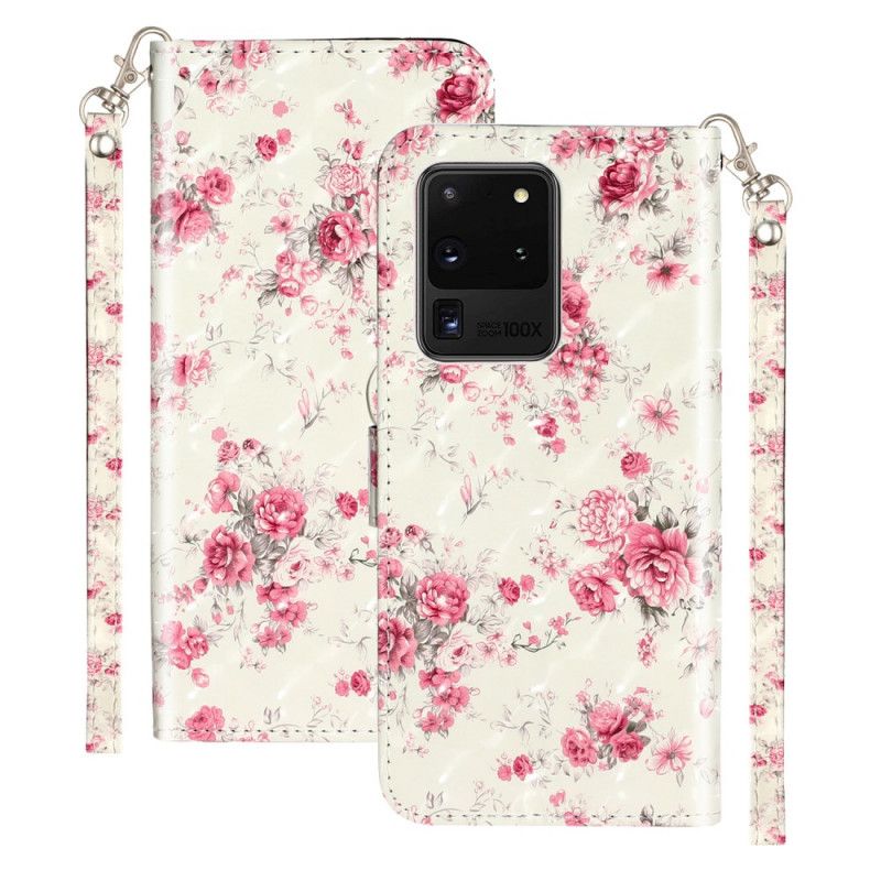 Leren Hoesje Samsung Galaxy S20 Ultra Telefoonhoesje Bloemen Lichtvlekjes Met Riempje