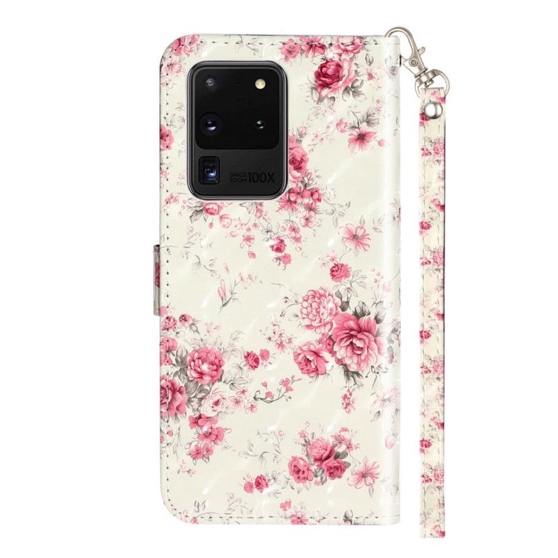 Leren Hoesje Samsung Galaxy S20 Ultra Telefoonhoesje Bloemen Lichtvlekjes Met Riempje