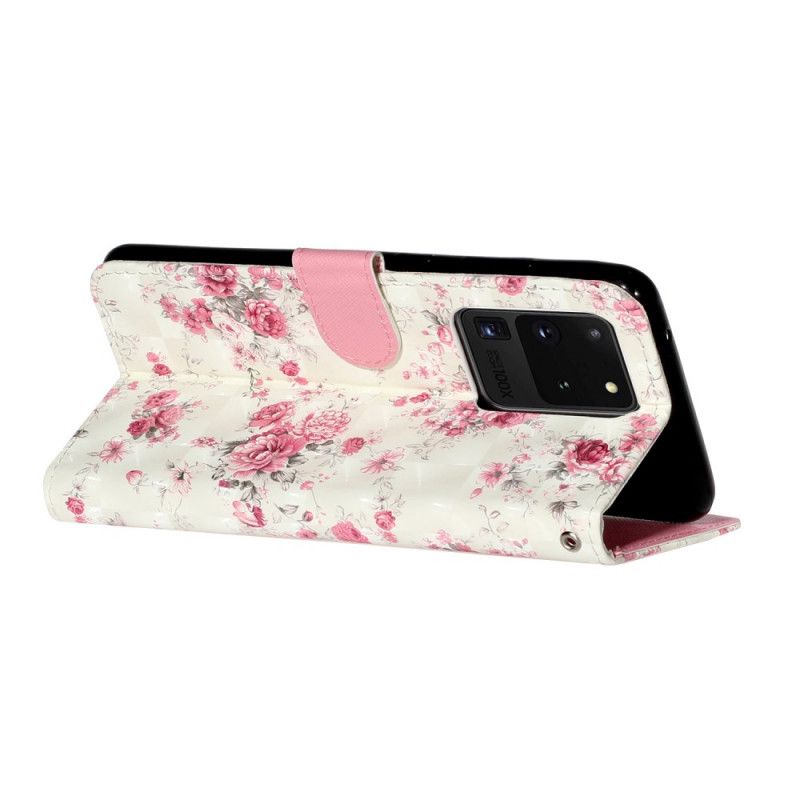 Leren Hoesje Samsung Galaxy S20 Ultra Telefoonhoesje Bloemen Lichtvlekjes Met Riempje