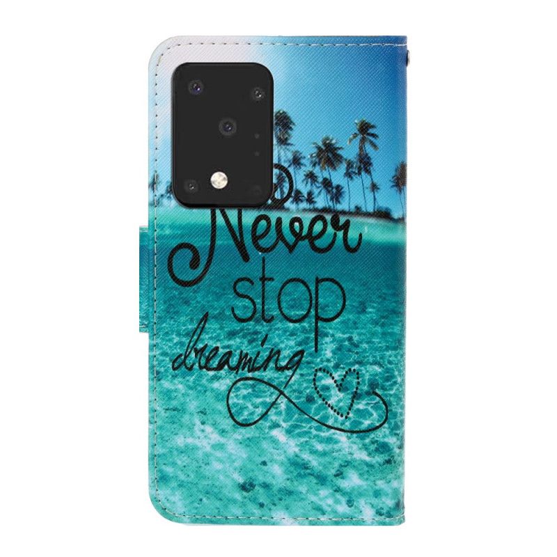 Leren Hoesje Samsung Galaxy S20 Ultra Telefoonhoesje Stop Nooit Met Dromen Marine Met String