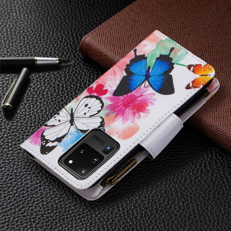 Leren Hoesje Samsung Galaxy S20 Ultra Wit Zwart Telefoonhoesje Vlindervak Met Ritssluiting