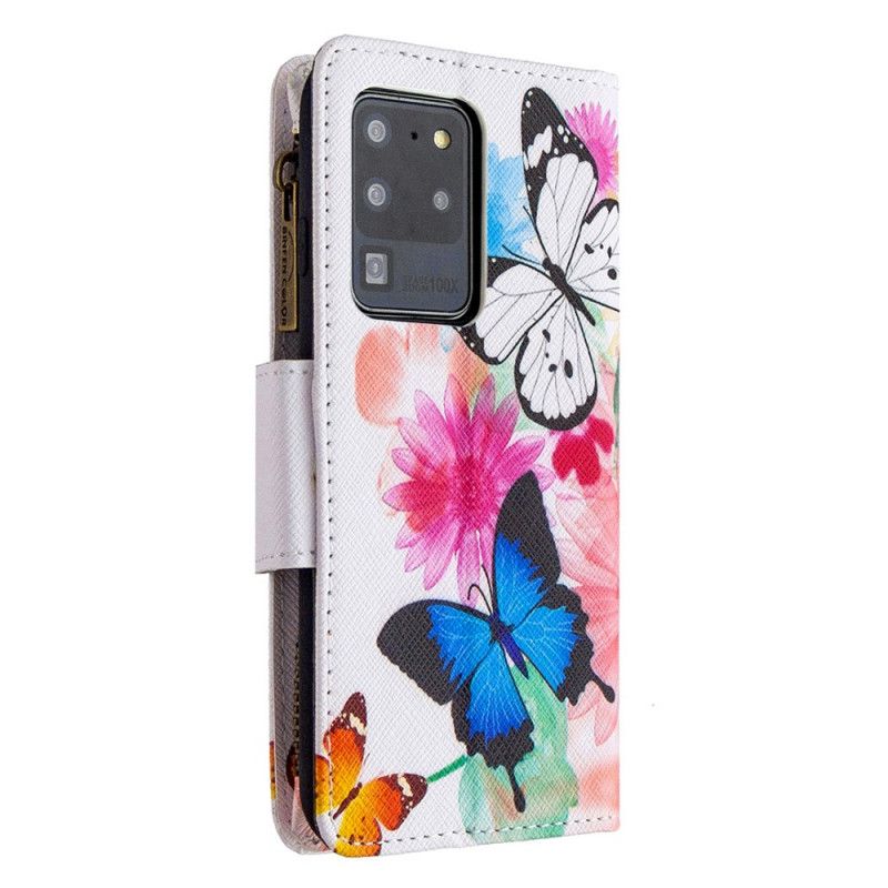 Leren Hoesje Samsung Galaxy S20 Ultra Wit Zwart Telefoonhoesje Vlindervak Met Ritssluiting