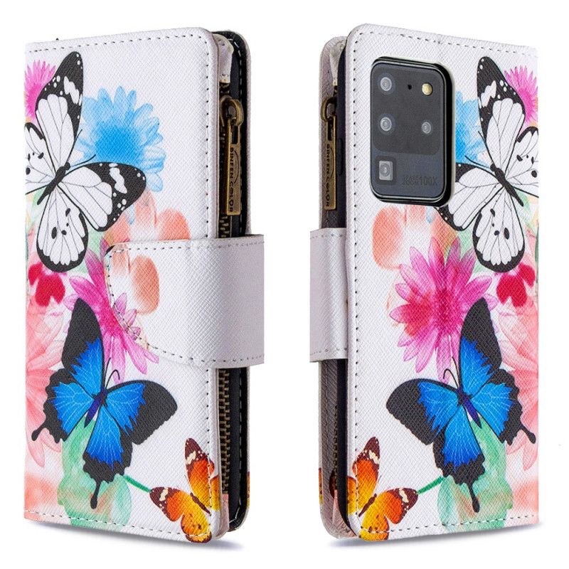 Leren Hoesje Samsung Galaxy S20 Ultra Wit Zwart Telefoonhoesje Vlindervak Met Ritssluiting