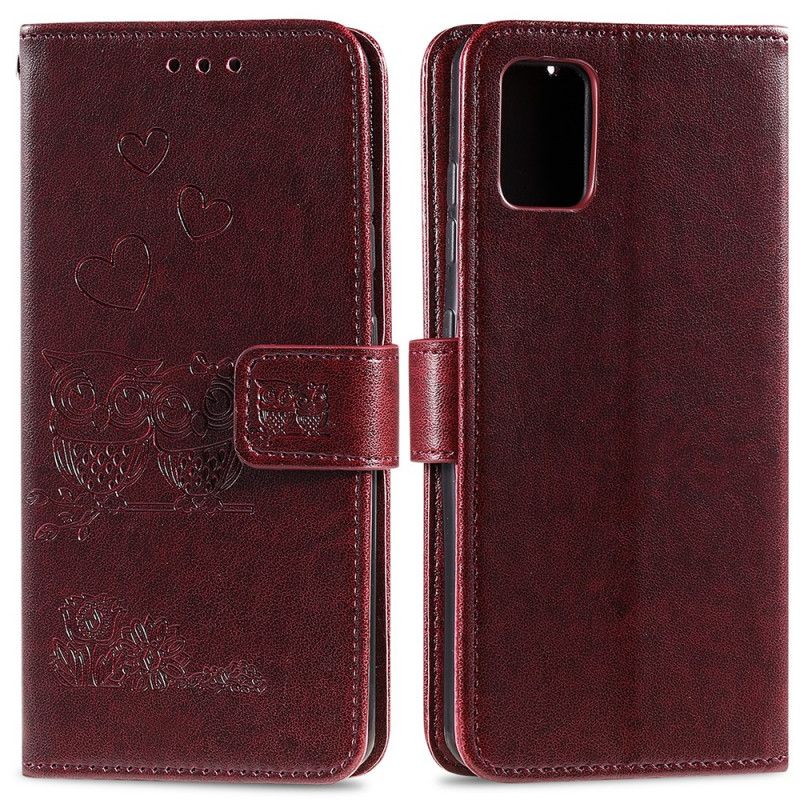 Leren Hoesje Samsung Galaxy A71 Magenta Grijs Uilen Verliefd Op String