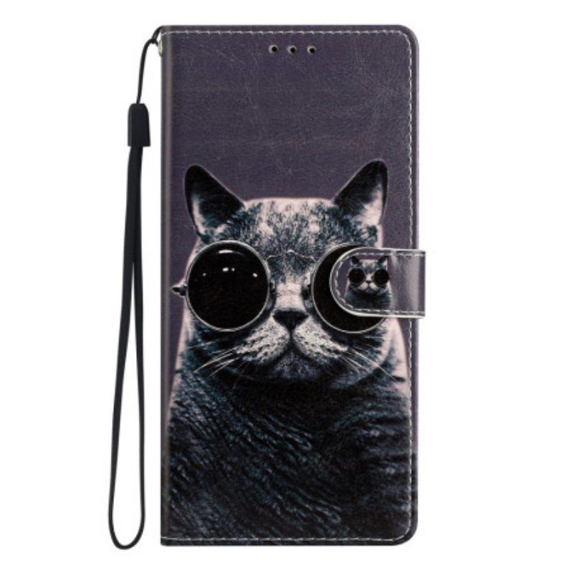 Folio-hoesje voor Samsung Galaxy A53 5G Bril Kat Met Lanyard