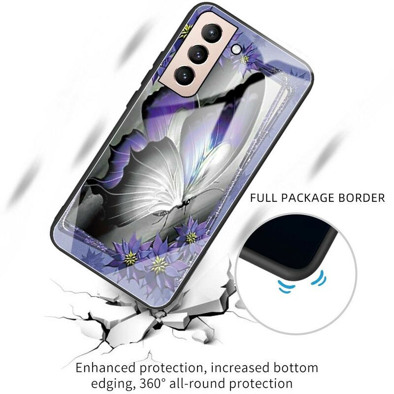 Hoesje Samsung Galaxy S21 Fe Paars Vlinder Gehard Glas Bescherming Hoesje