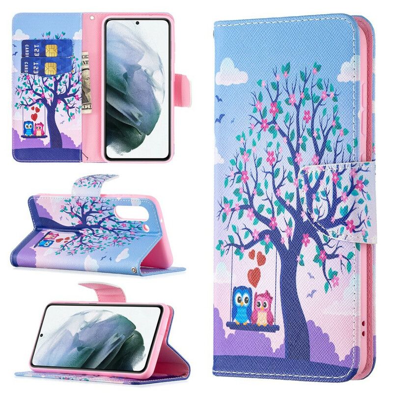 Leren Hoesje Samsung Galaxy S21 Fe Uilen Op De Schommel
