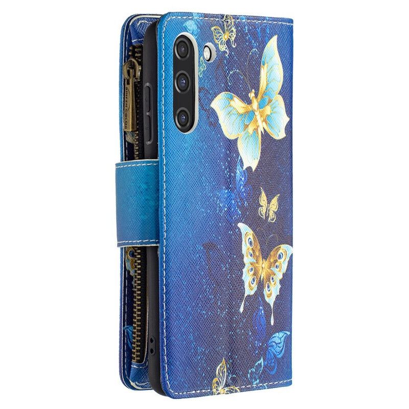 Leren Hoesje Samsung Galaxy S21 Fe Vlinders Vlinders Zak Met Rits Bescherming Hoesje