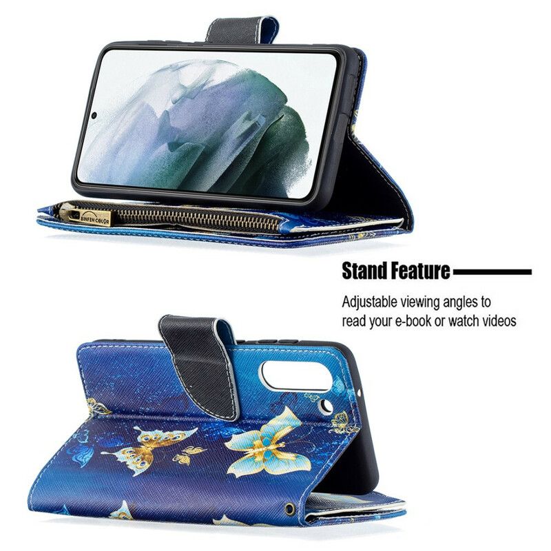 Leren Hoesje Samsung Galaxy S21 Fe Vlinders Vlinders Zak Met Rits Bescherming Hoesje