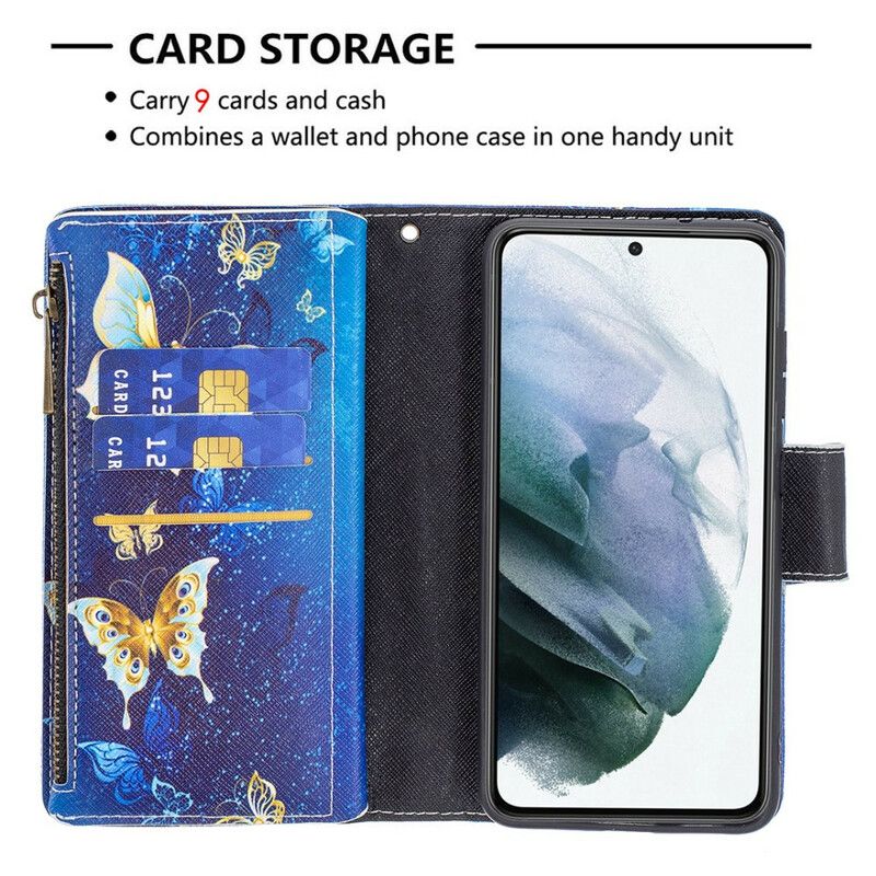 Leren Hoesje Samsung Galaxy S21 Fe Vlinders Vlinders Zak Met Rits Bescherming Hoesje