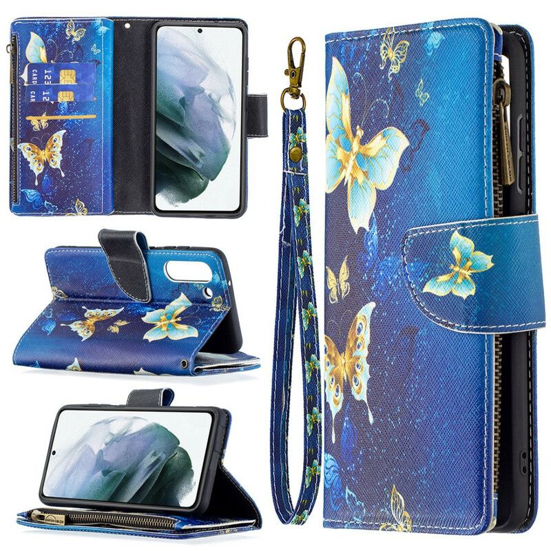 Leren Hoesje Samsung Galaxy S21 Fe Vlinders Vlinders Zak Met Rits Bescherming Hoesje
