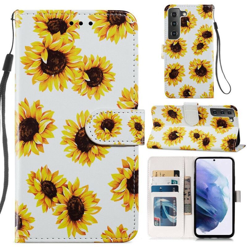 Leren Hoesje Voor Samsung Galaxy S21 Fe Zonnebloemen