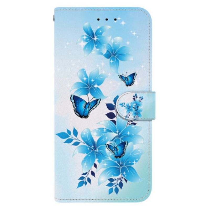 Leren Hoesje Xiaomi Redmi Note 14s Blauwe Vlinders En Kleine Bloemen Bescherming Hoesje