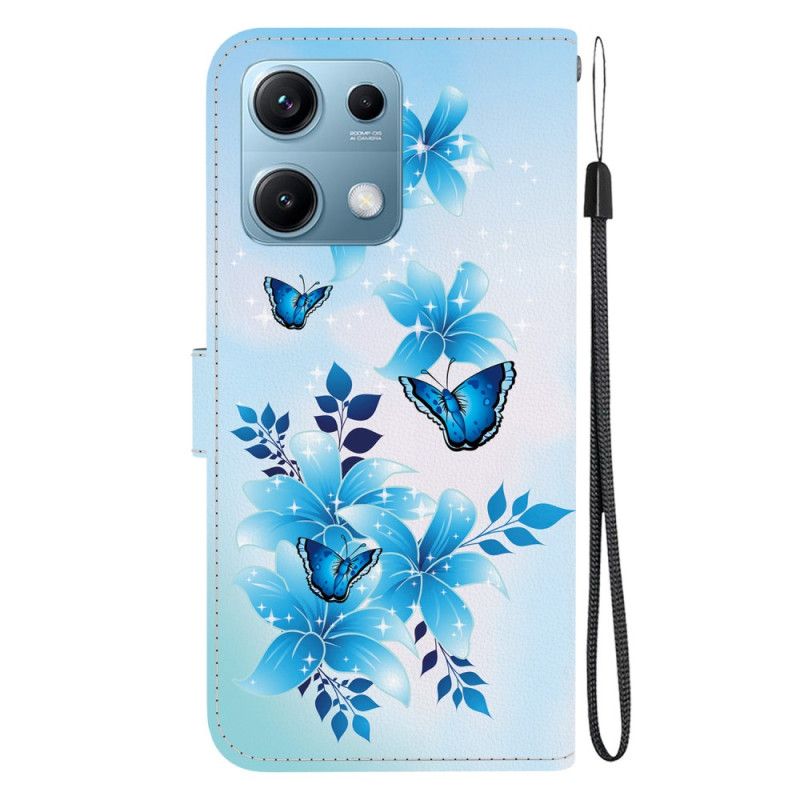 Leren Hoesje Xiaomi Redmi Note 14s Blauwe Vlinders En Kleine Bloemen Bescherming Hoesje