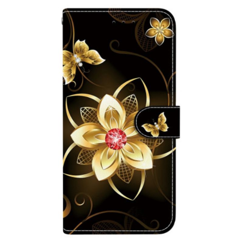 Leren Hoesje Xiaomi Redmi Note 14s Gouden Bloemenpatroon Bescherming Hoesje