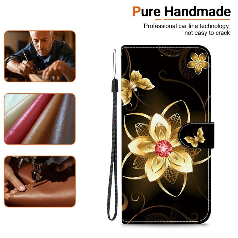 Leren Hoesje Xiaomi Redmi Note 14s Gouden Bloemenpatroon Bescherming Hoesje
