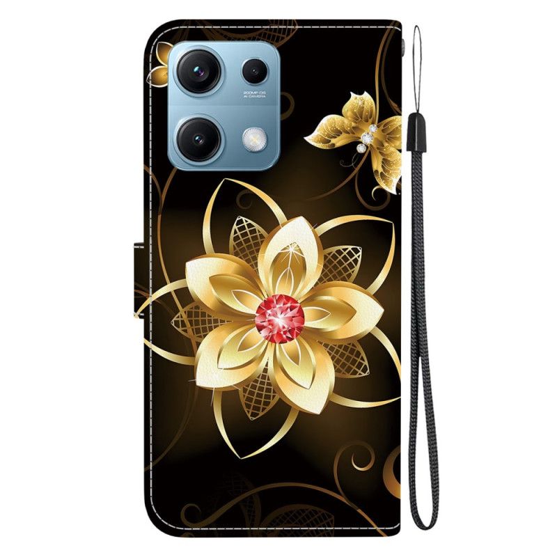 Leren Hoesje Xiaomi Redmi Note 14s Gouden Bloemenpatroon Bescherming Hoesje