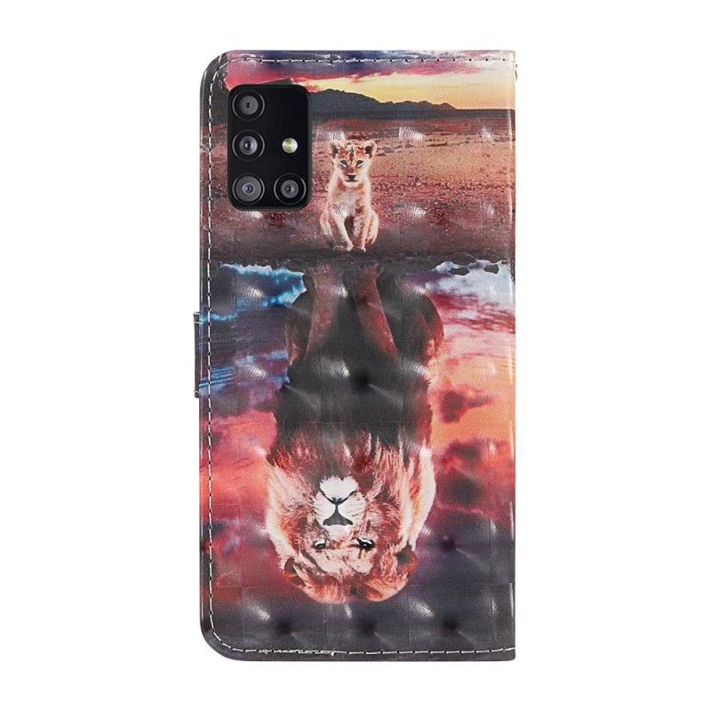 Leren Hoesje Samsung Galaxy A51 5G Telefoonhoesje Lichtvlek Leeuw Met Riem