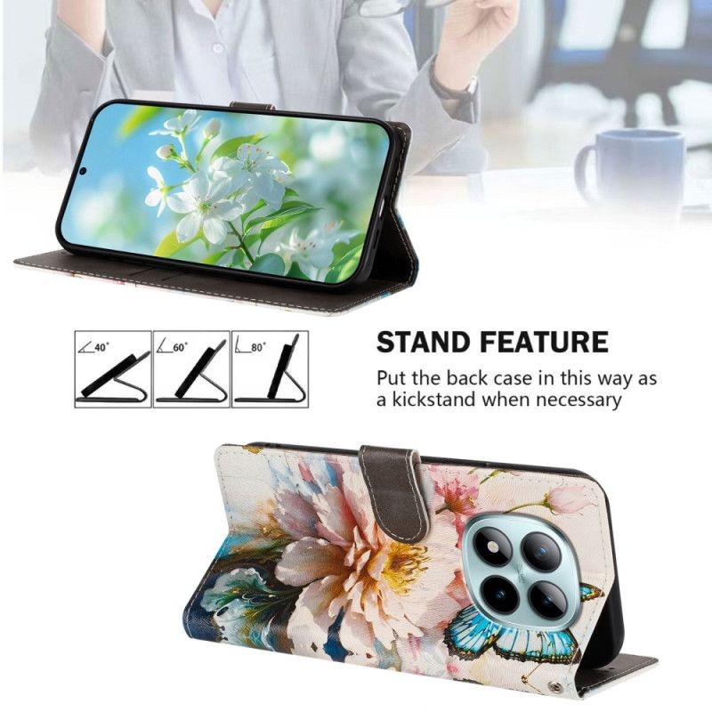 Flip Case Leren Xiaomi Redmi Note 15 Pro Plus 5g Blauwe Bloem En Vlinder