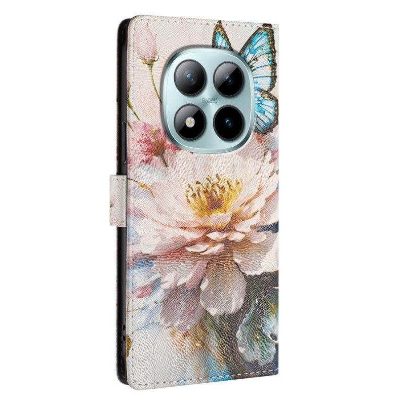 Flip Case Leren Xiaomi Redmi Note 15 Pro Plus 5g Blauwe Bloem En Vlinder