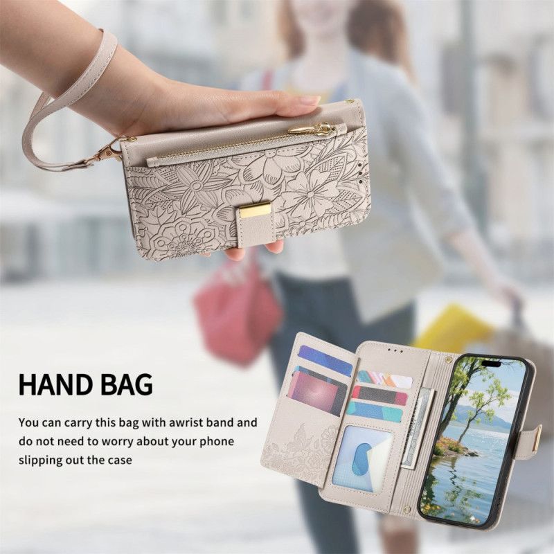 Leren Hoesje Voor Xiaomi Redmi Note 15 Pro Plus 5g Bloemenpatroon En Zakje Met Rits