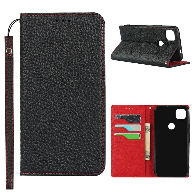 Folio-hoesje voor Google Pixel 4a Rood Zwart Echt Lychee Leer Met Riempje
