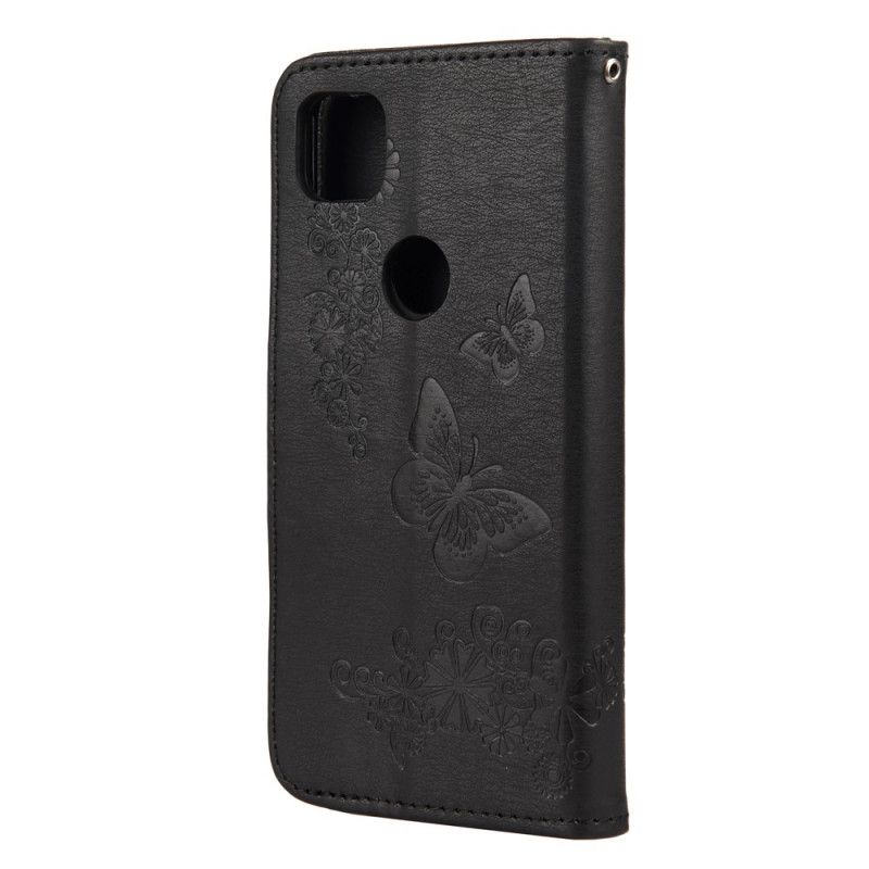 Leren Hoesje voor Google Pixel 4a Grijs Zwart Alleen Vlinders Met String