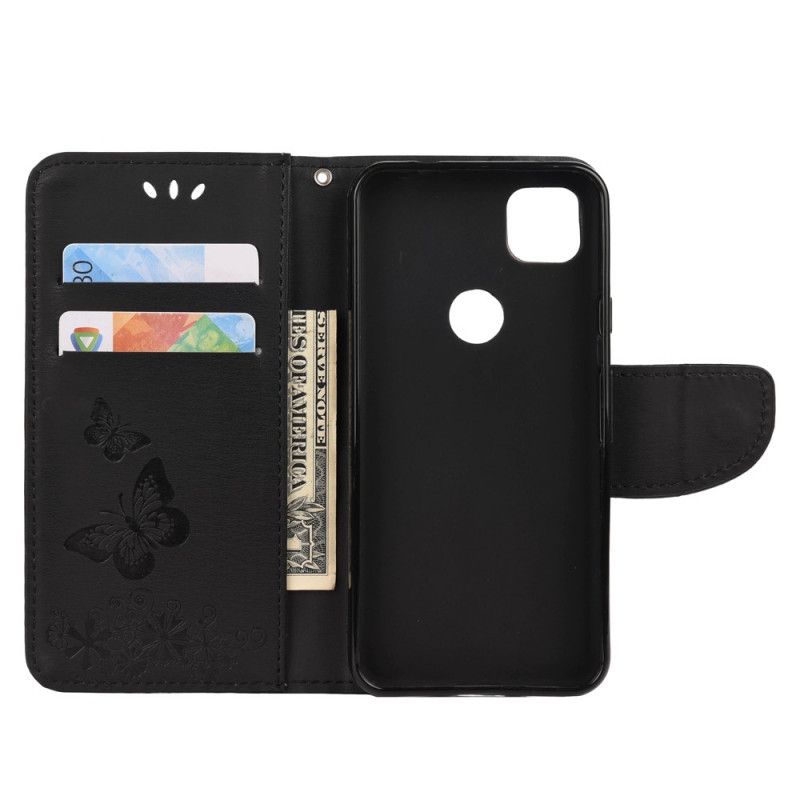Leren Hoesje voor Google Pixel 4a Grijs Zwart Alleen Vlinders Met String