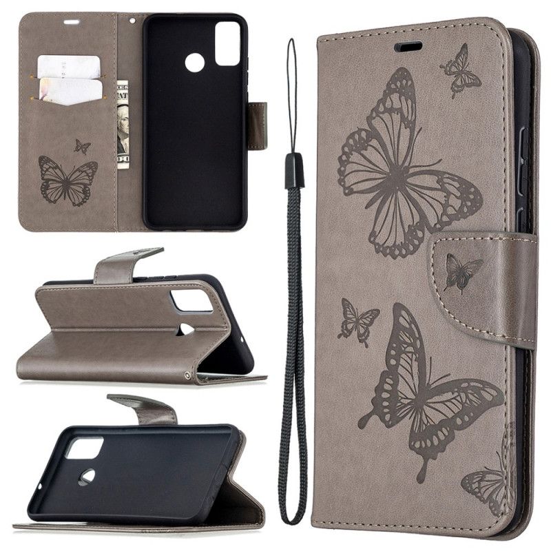 Flip Case Leren Honor 9X Lite Magenta Grijs Vlinders En Schuine Flap