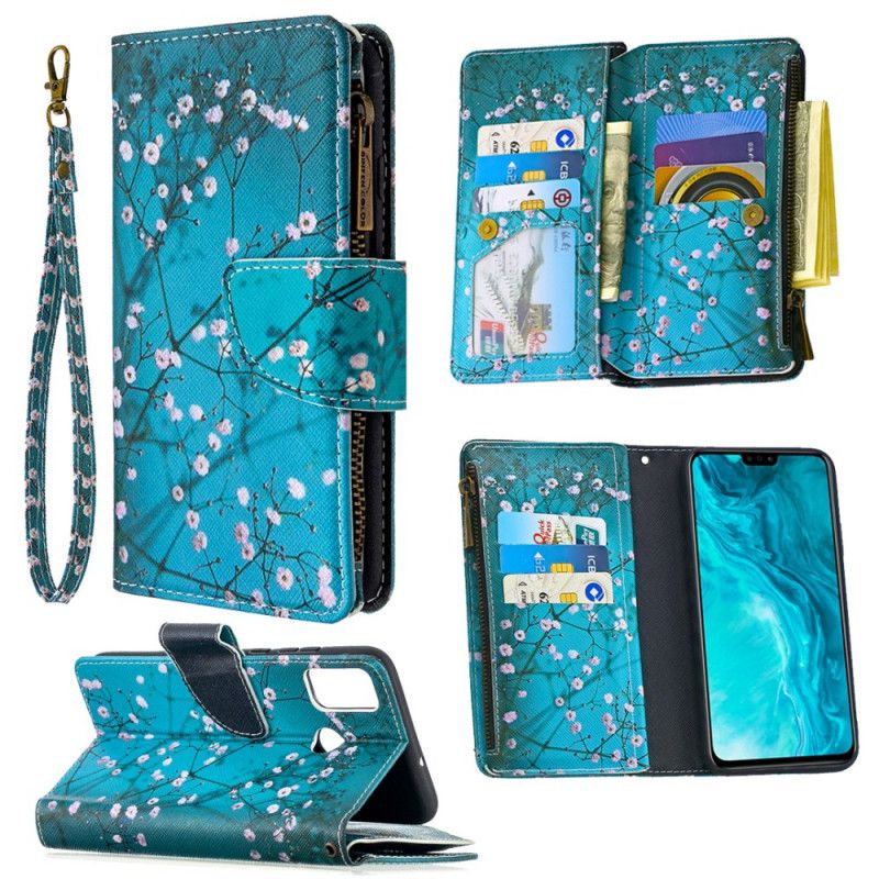 Leren Hoesje Honor 9X Lite Lichtblauw Wit Boomzak Met Ritssluiting