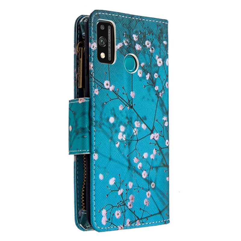 Leren Hoesje Honor 9X Lite Lichtblauw Wit Boomzak Met Ritssluiting