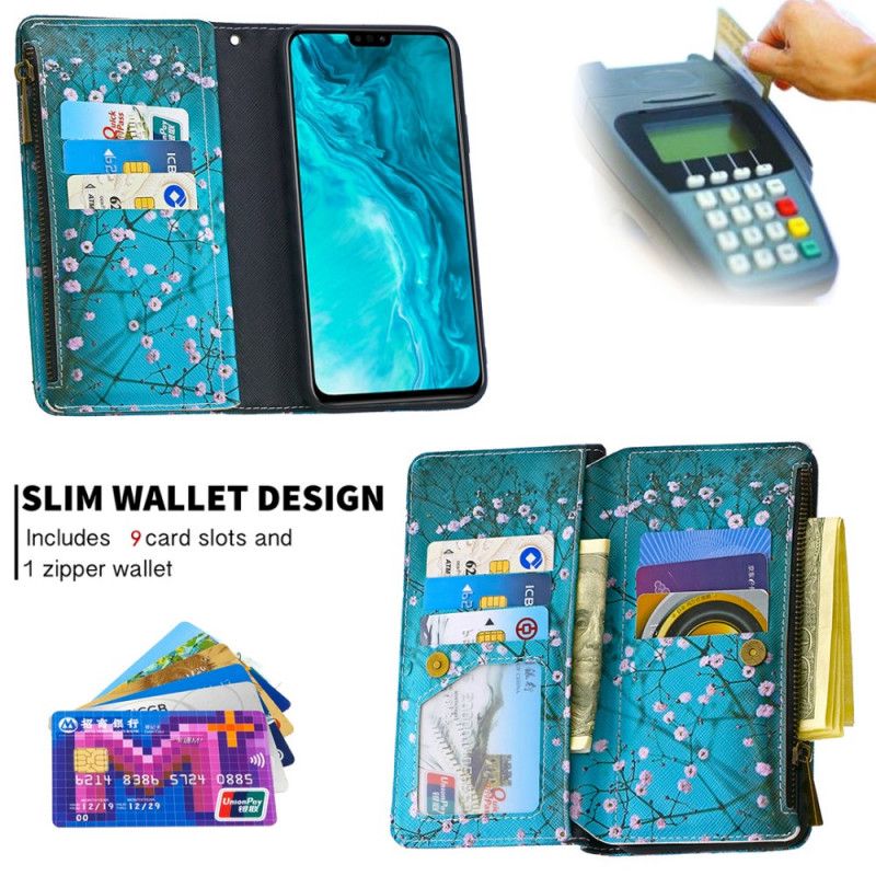 Leren Hoesje Honor 9X Lite Lichtblauw Wit Boomzak Met Ritssluiting