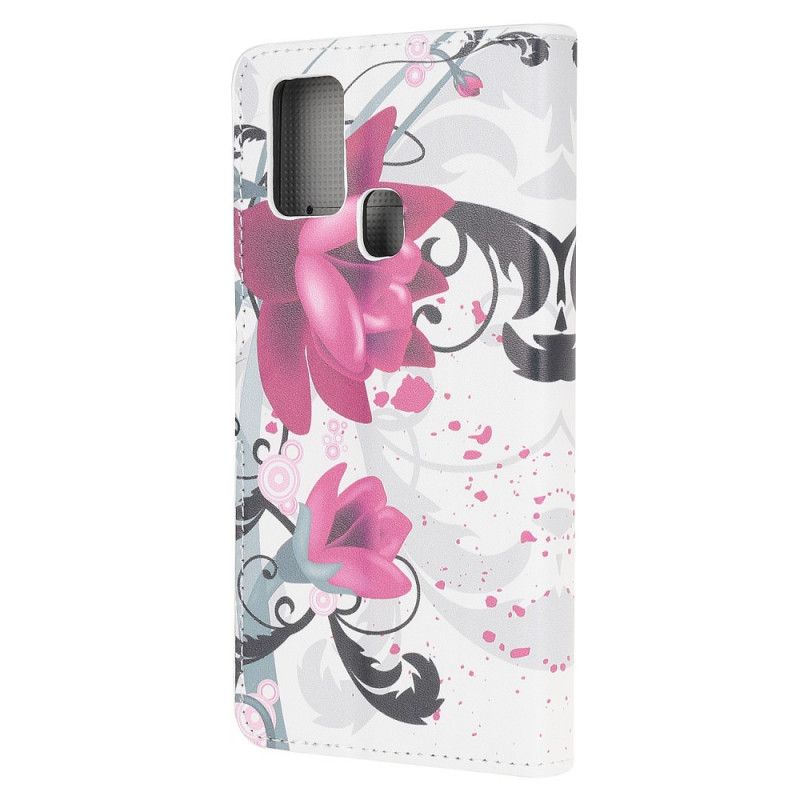 Leren Hoesje Honor 9X Lite Roze Magenta Tropische Bloemen