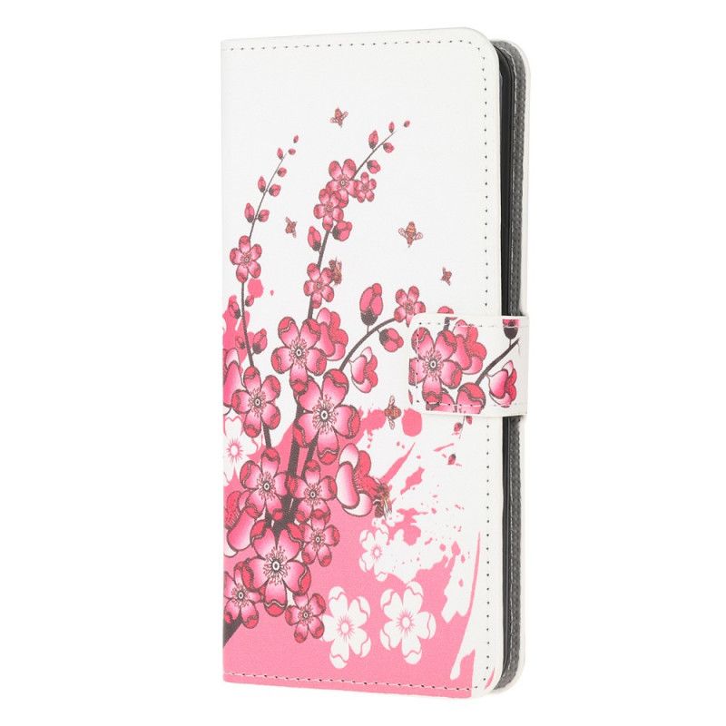 Leren Hoesje Honor 9X Lite Roze Magenta Tropische Bloemen