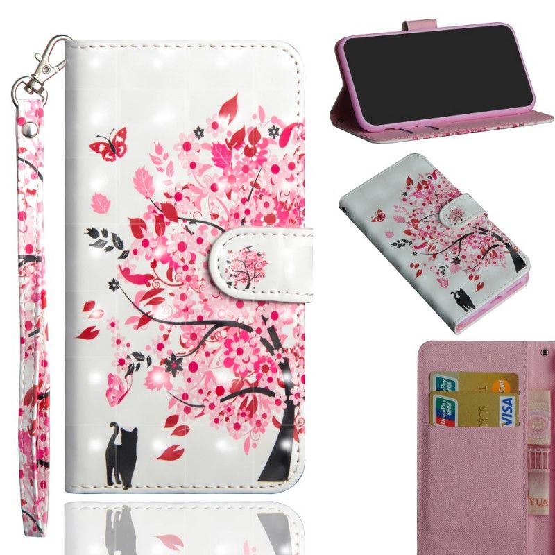 Leren Hoesje Xiaomi Mi 10 / 10 Pro Telefoonhoesje Roze Boom En Zwarte Kat