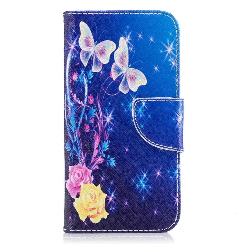 Flip Case Leren Samsung Galaxy J3 2017 Lichtblauw Roze Vlinders In De Nacht
