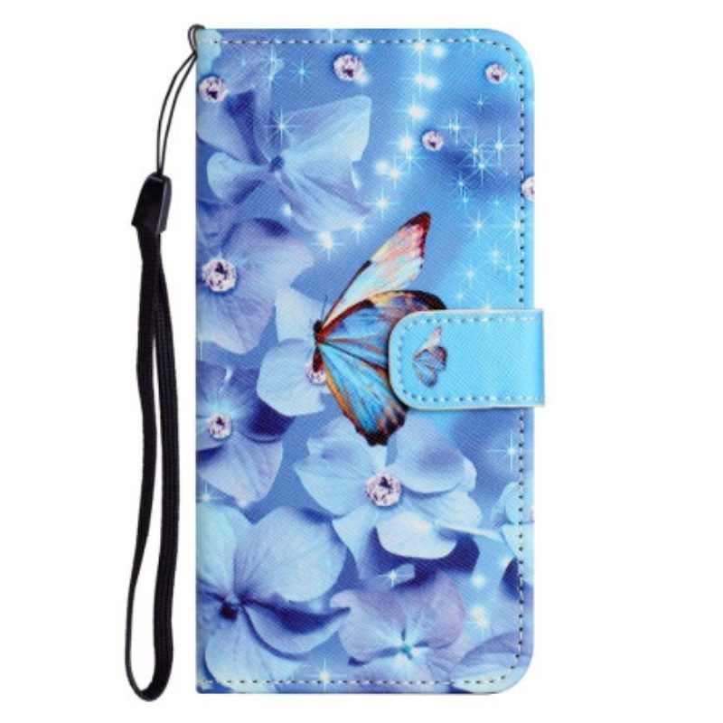 Folio-hoesje voor Samsung Galaxy S23 5G Met Ketting Strappy Diamanten Vlinders