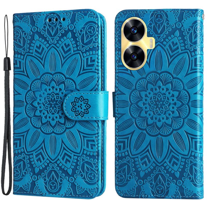 Leren Hoesje Realme C55 Bandje Met Zonnebloemprint Bescherming Hoesje