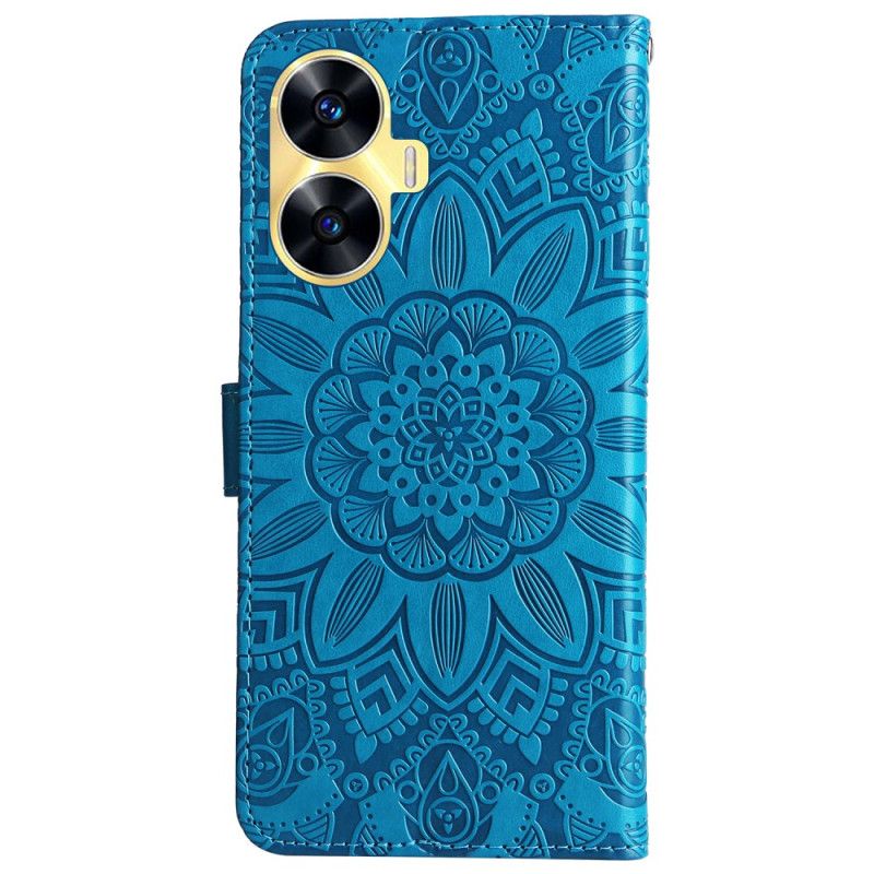 Leren Hoesje Realme C55 Bandje Met Zonnebloemprint Bescherming Hoesje