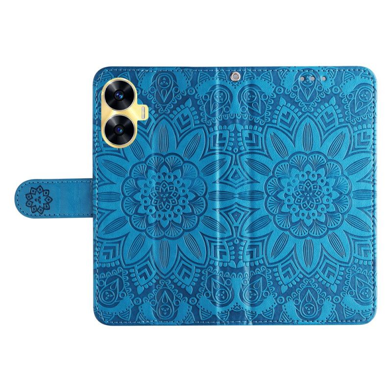 Leren Hoesje Realme C55 Bandje Met Zonnebloemprint Bescherming Hoesje
