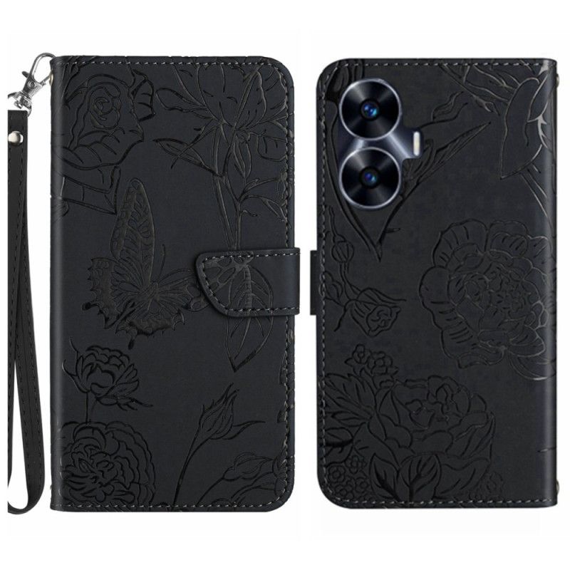 Leren Hoesje Realme C55 Portemonnee Met Bandje En Vlinderprint Bescherming Hoesje