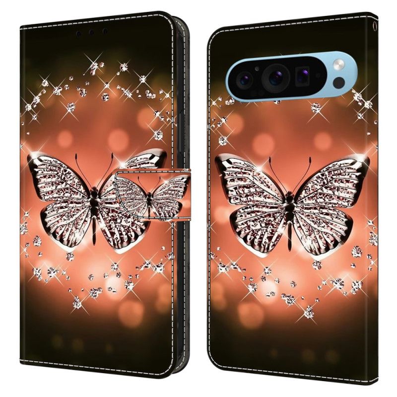 Leren Hoesje Voor Google Pixel 9 Pro Kristallen Vlinder