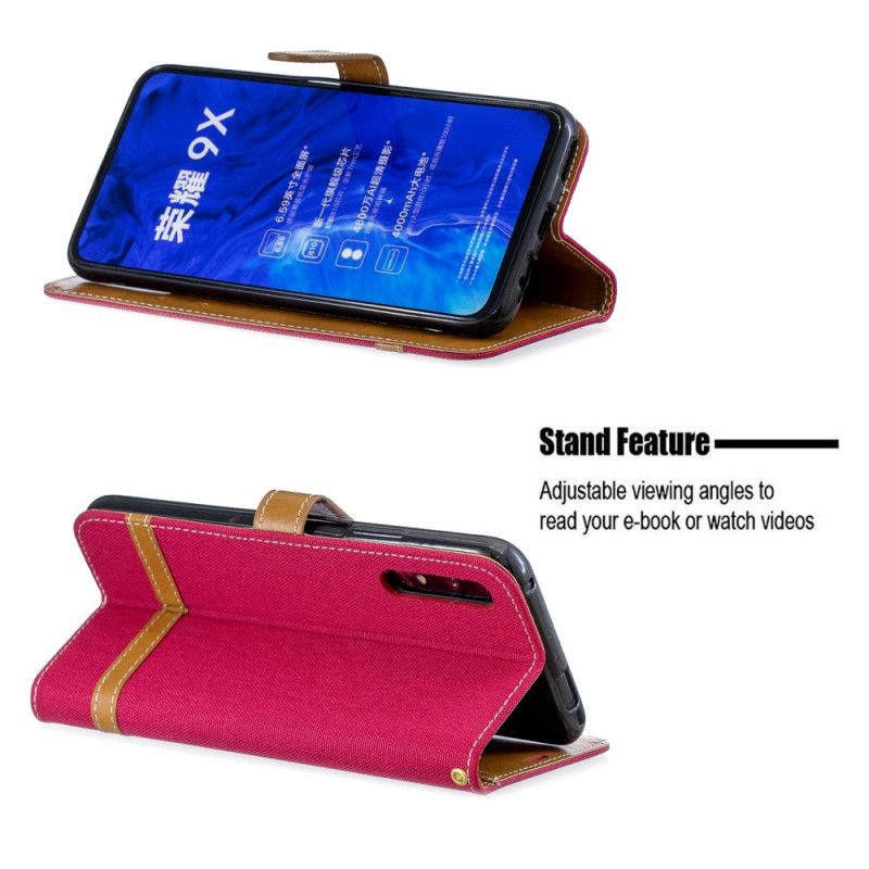 Leren Hoesje voor Honor 9X Pro Grijs Zwart Stof En Leereffect Met String