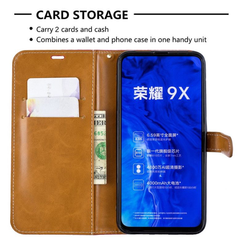 Leren Hoesje voor Honor 9X Pro Grijs Zwart Stof En Leereffect Met String