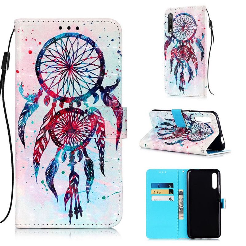 Leren Hoesje voor Honor 9X Pro Lichtblauw Rood Aquarel Dromenvanger