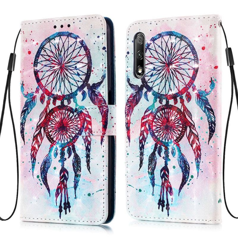 Leren Hoesje voor Honor 9X Pro Lichtblauw Rood Aquarel Dromenvanger