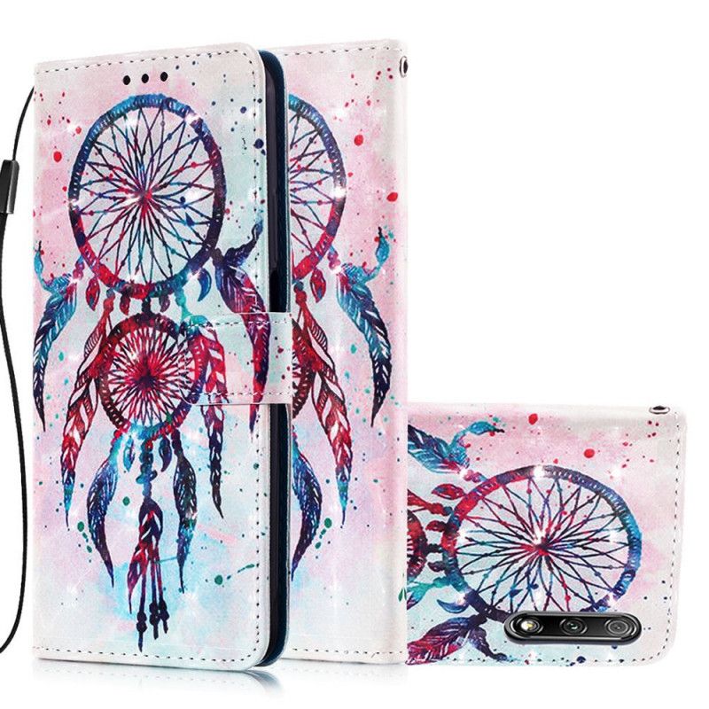 Leren Hoesje voor Honor 9X Pro Lichtblauw Rood Aquarel Dromenvanger